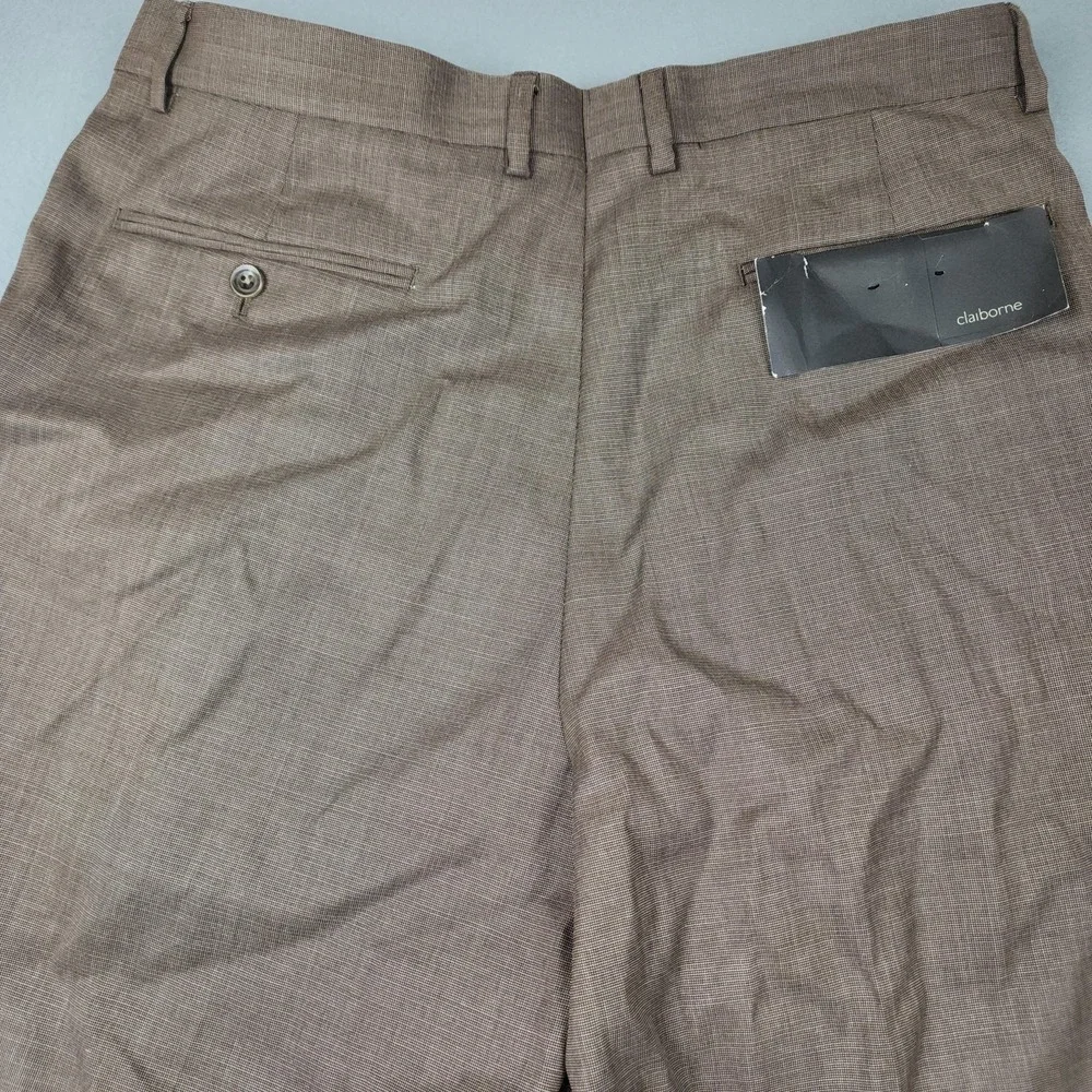 Claiborne Dress Pants Mens 34x32 Brown Check S-Essentials Pleated Cuffed Hem NWT